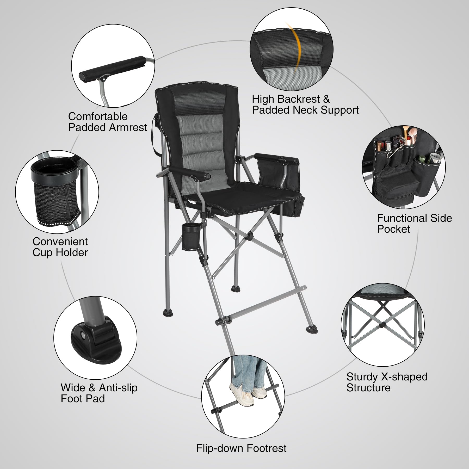 Extra Tall Folding Chair, Bar Height Foldable Director Chairs for Adults with High Back and Hard Arms, Support 330lbs