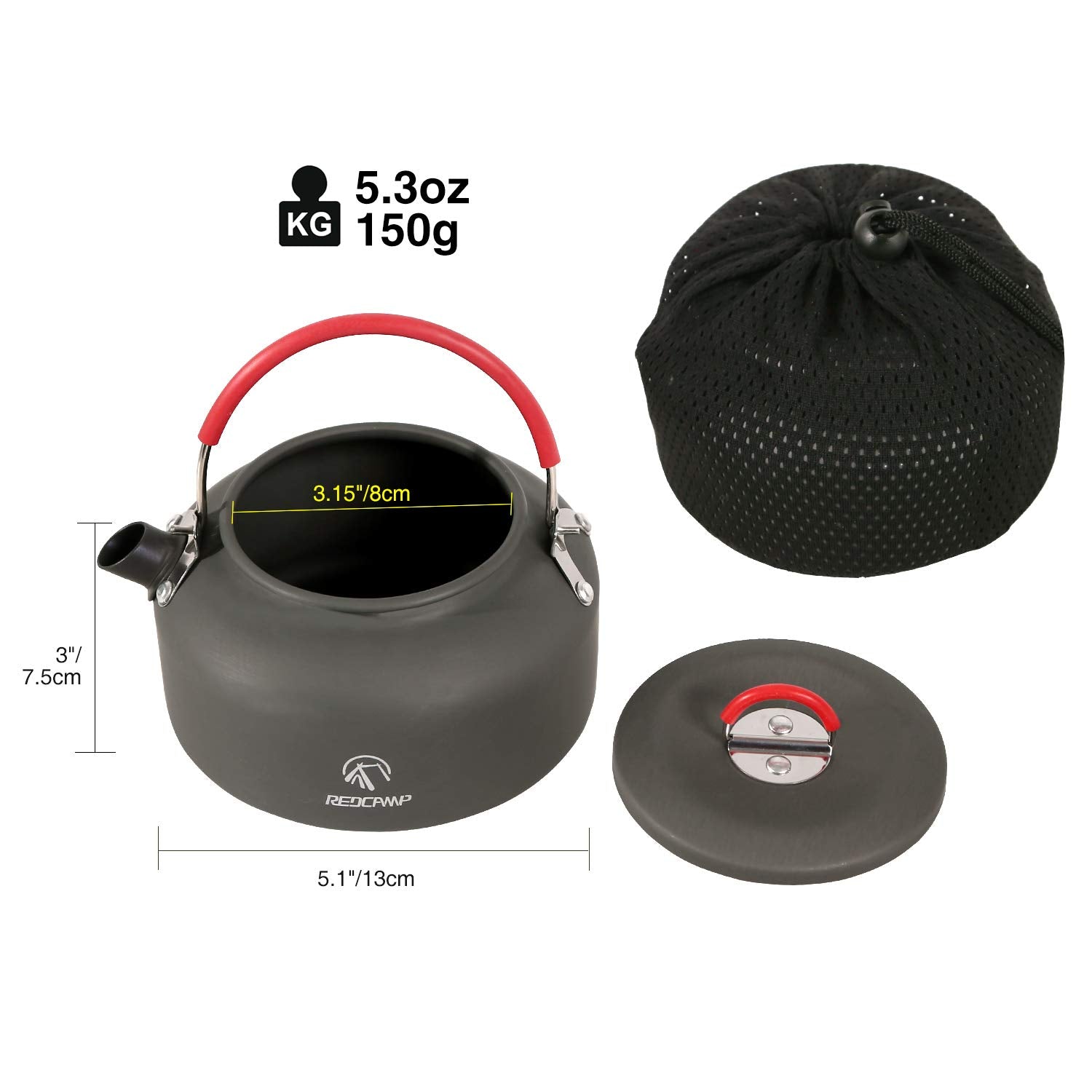 REDCAMP 0.8L Aluminum Outdoor Camping Kettle with Carrying Bag