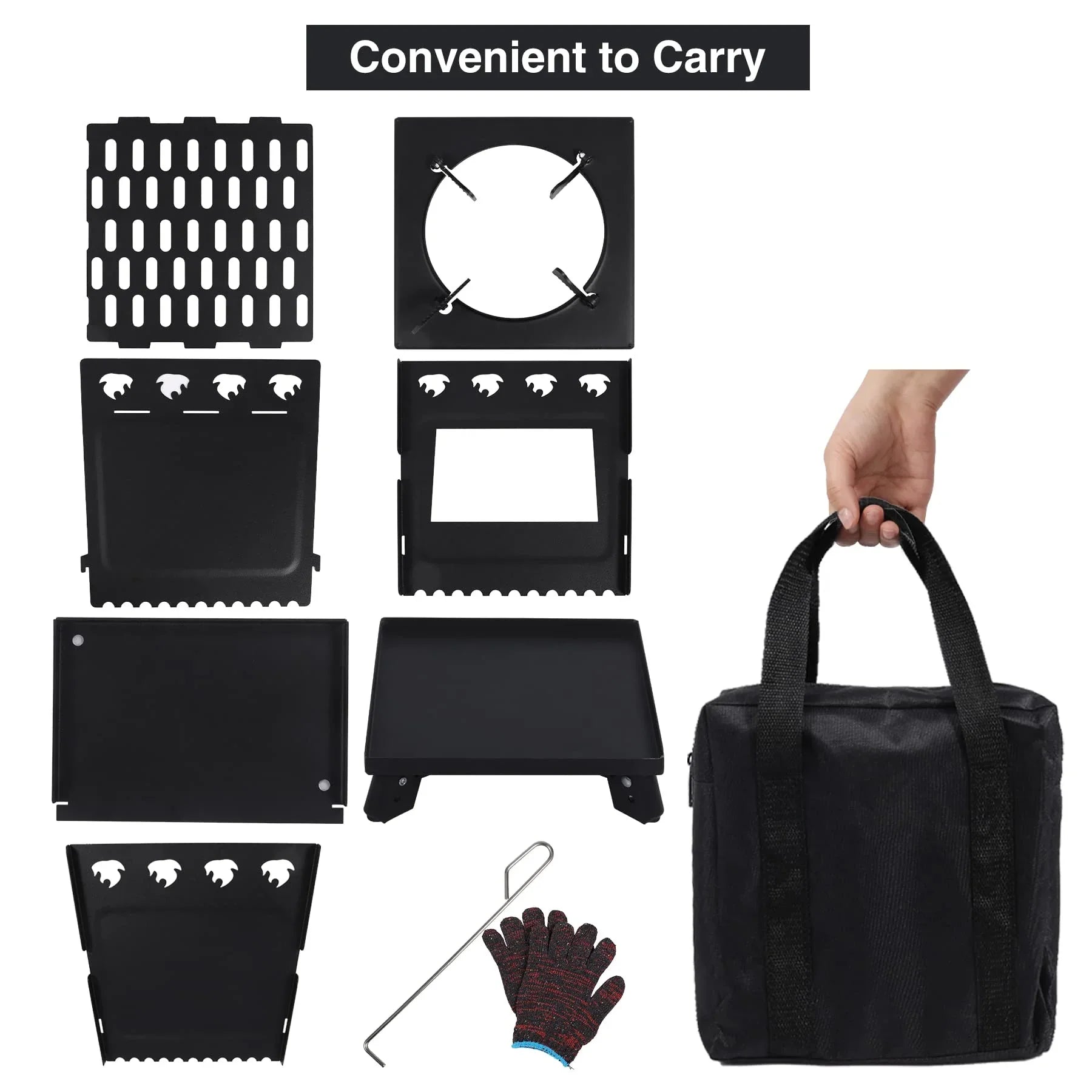 Set of black metal screens and tools with a carrying bag on a white background