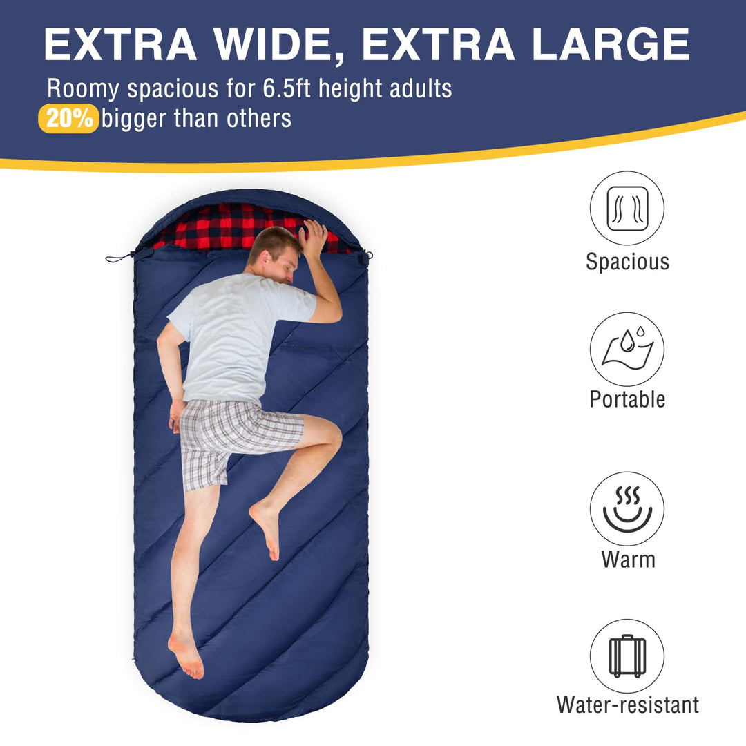 Wide Flannel Sleeping Bag with Detachable Hood
