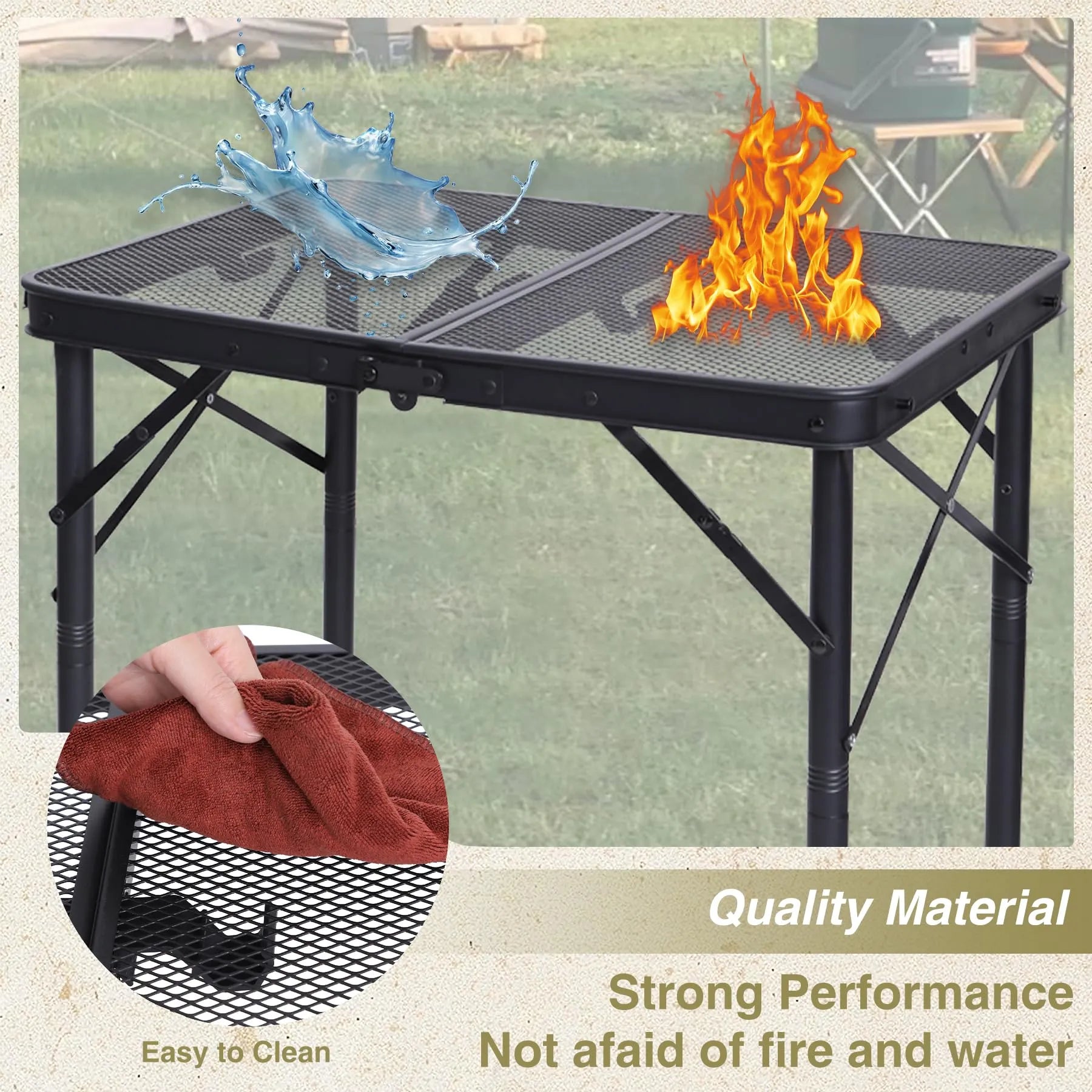 2 Feet Small Folding Grill Table for Outside, 3 Heights Adjustable Portable Metal Outdoor Picnic Table for Camping Travel Cooking BBQ, Black, 24" Lx 16" Wx 27.5" H