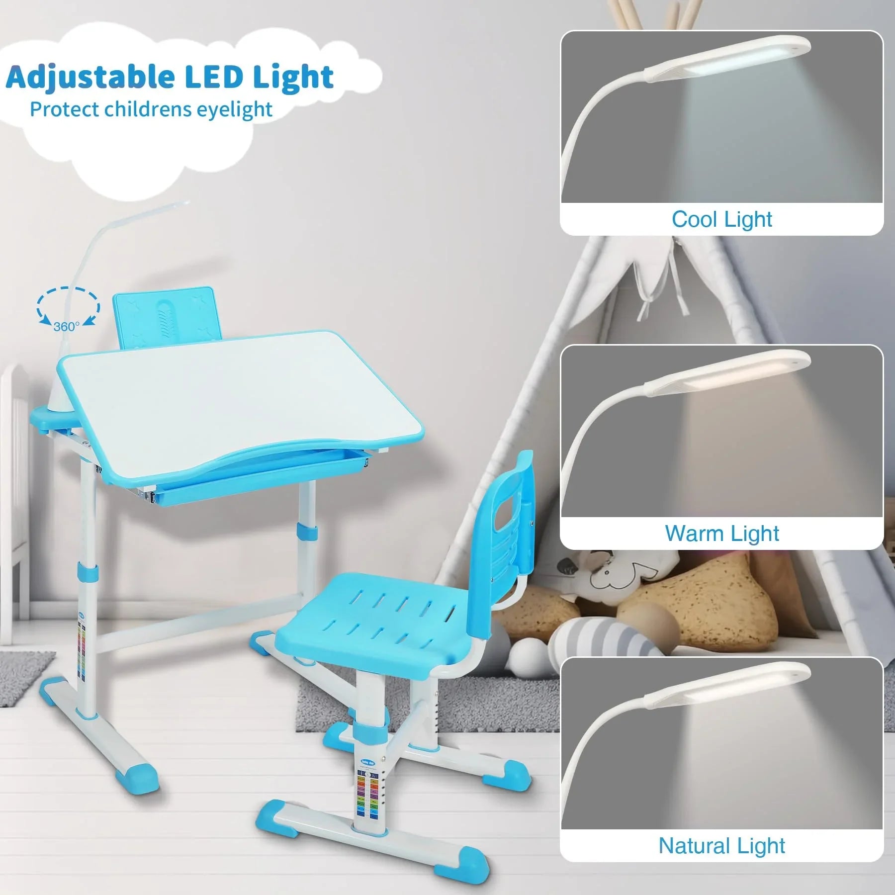 Ensemble bureau et chaise d'étudiant réglables REDCAMP avec plateau inclinable pour dessin