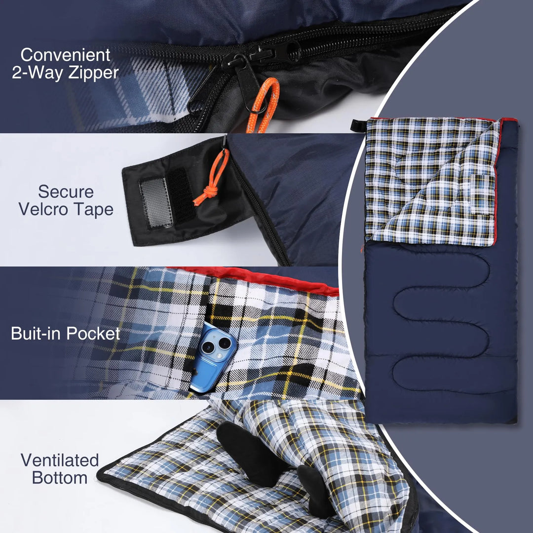 Extra-Wide Cotton Flannel Sleeping Bag for Adult Camping