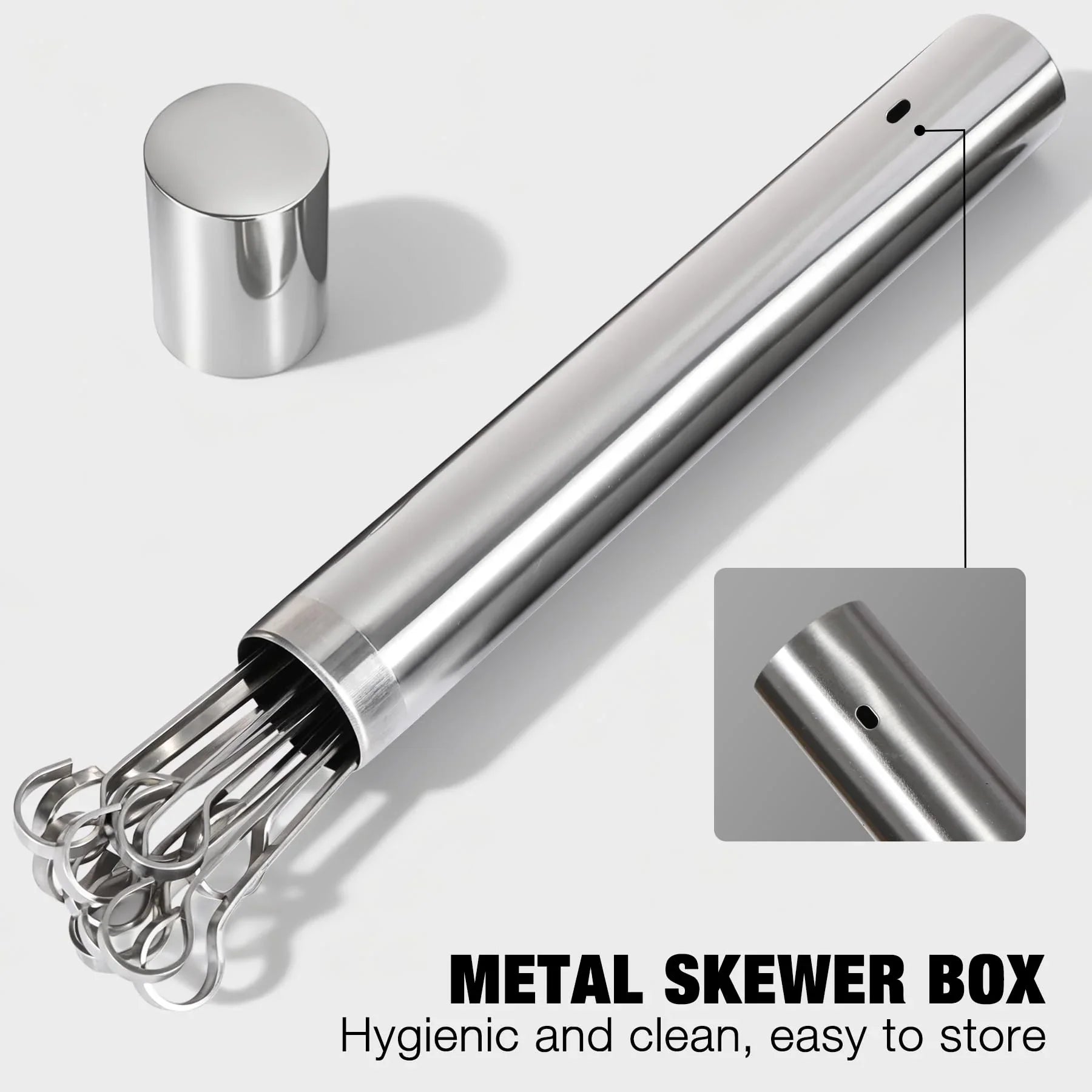 14" Flat Stainless Steel Kabob Skewers with Storage Tube