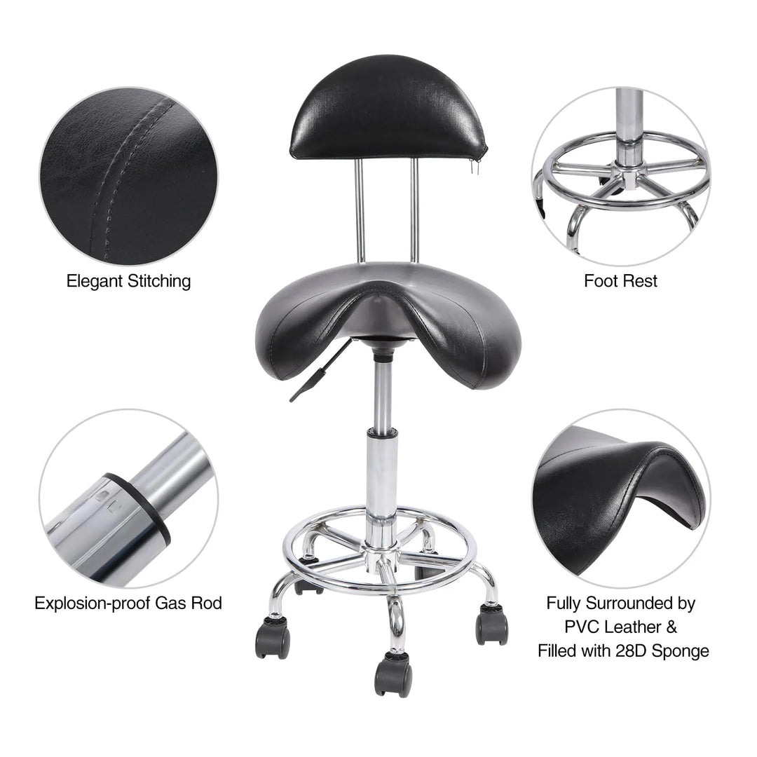 Saddle Chair with Back Support, 360° Swivel Adjustable Height Ergonomic Saddle Stool with Wheels for Tattoo Artist Dentist Home Office Use, Black