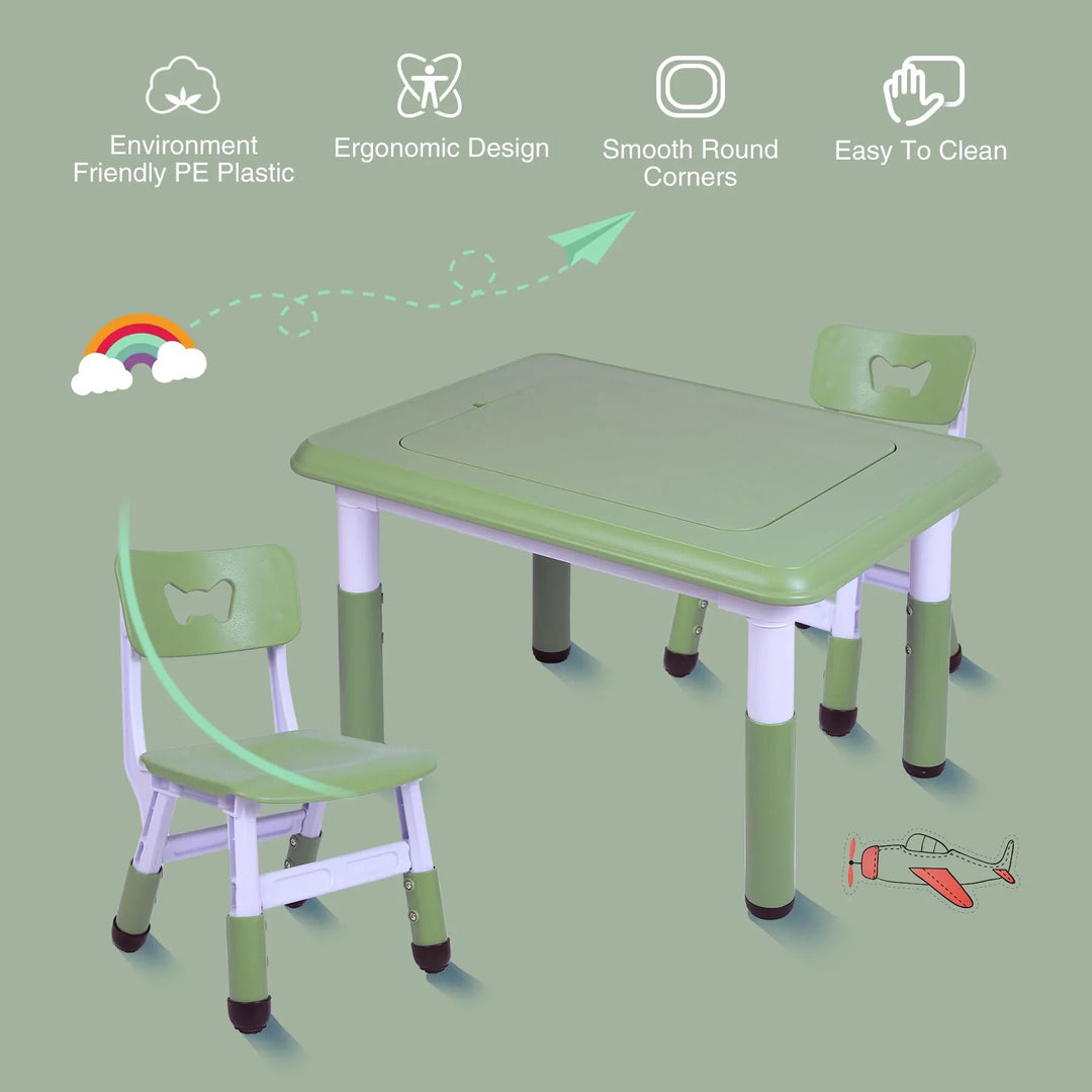 Kids Table and 2 Chairs Set, Height Adjustable 3 in 1 Multi Activity Table with 2 Chairs, Storage Bins,Graffiti,Double-Sided Tabletop,Sky Blue
