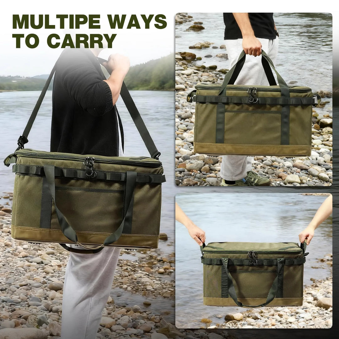 Tactical Camping Storage Bag, 57L Tactical Utility Camping Tote Organizer,Waterproof Camping Storage Organizer Duffel Bag with 2 Adjustable Dividers&Shoulder Strap for Outdoor Transport,Green
