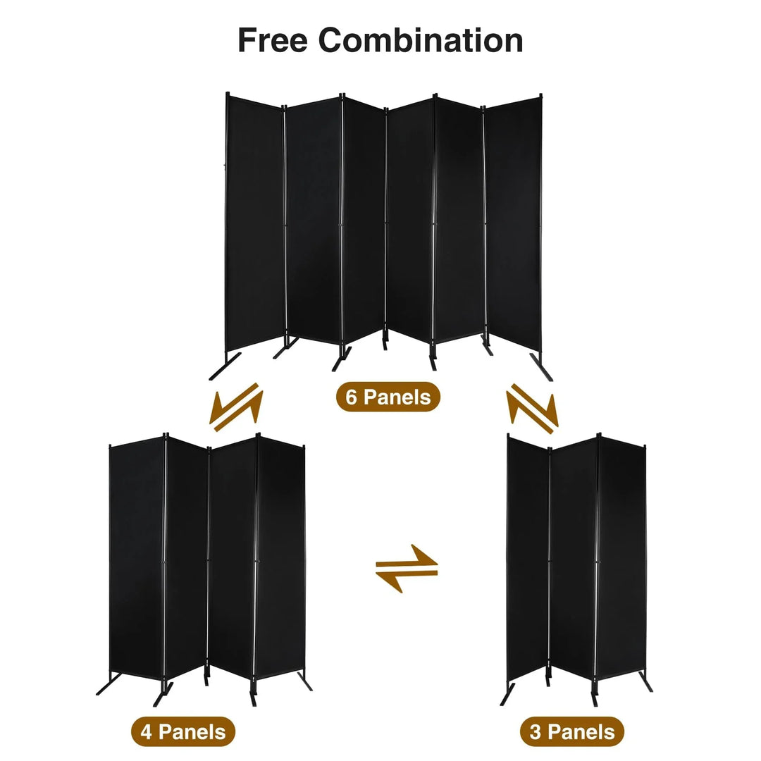 Large 6 Panel Freestanding Folding Room Divider with Support Base, 10FT Wide 6FT Tall Privacy Screen Partition Room Dividers with Freely Combined Connector, 119"x71", Black