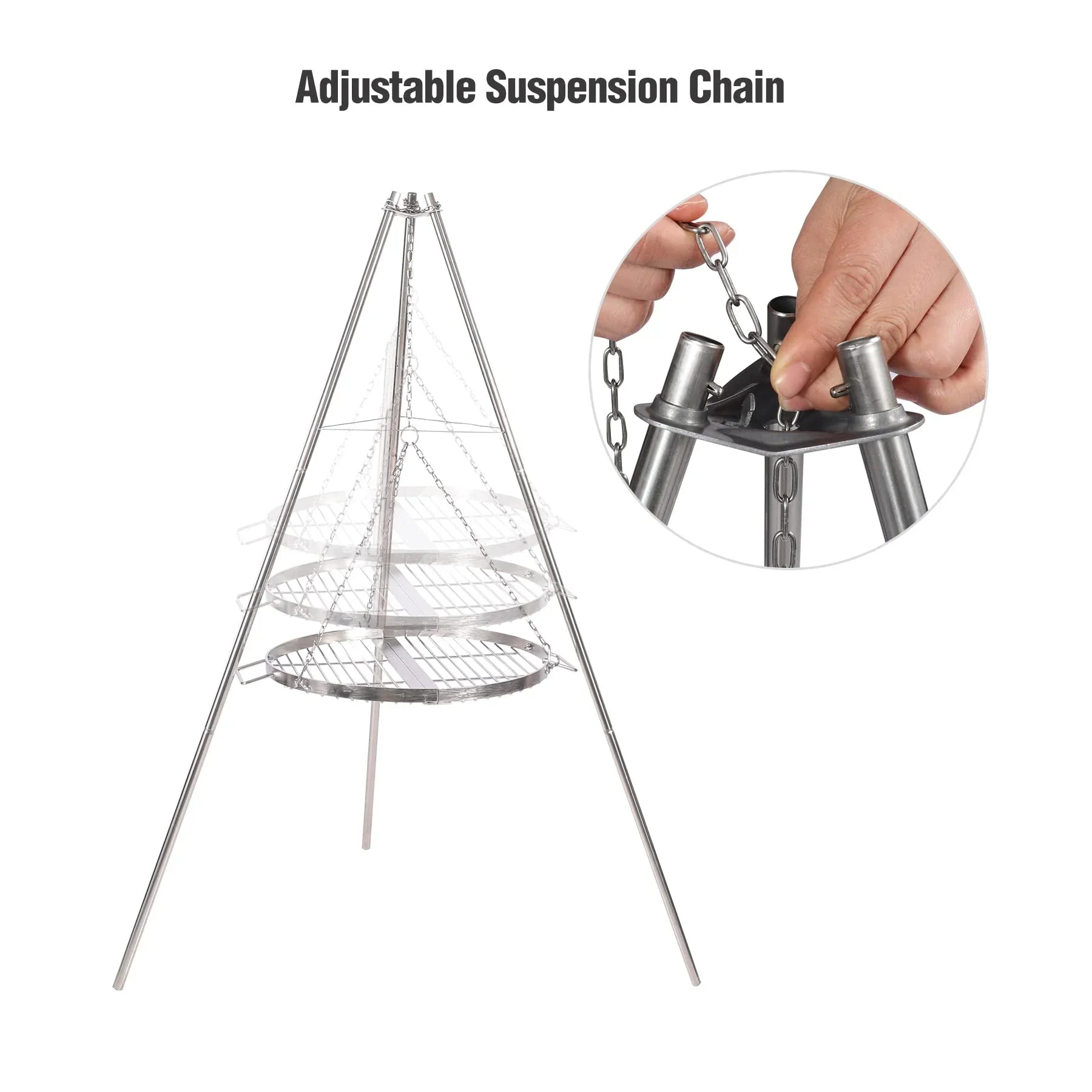 Campfire Tripod Grill for Cooking, Durable Stainless Steel Camping Fire Tripod Grill with Round Grate and Carrying Bag for Outdoor BBQ, Silver