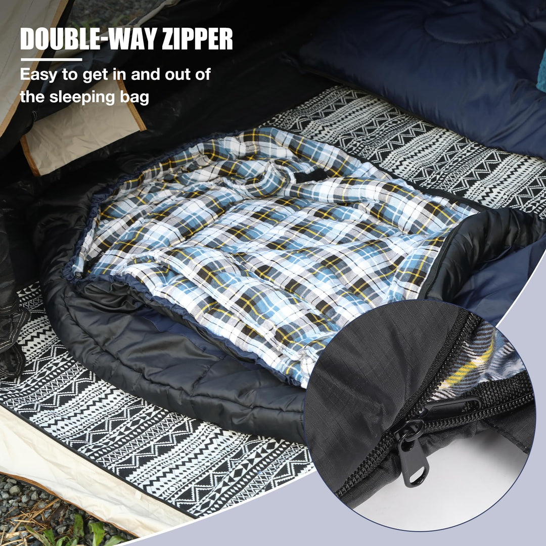 Two-way zipper detail on a flannel-lined mummy sleeping bag