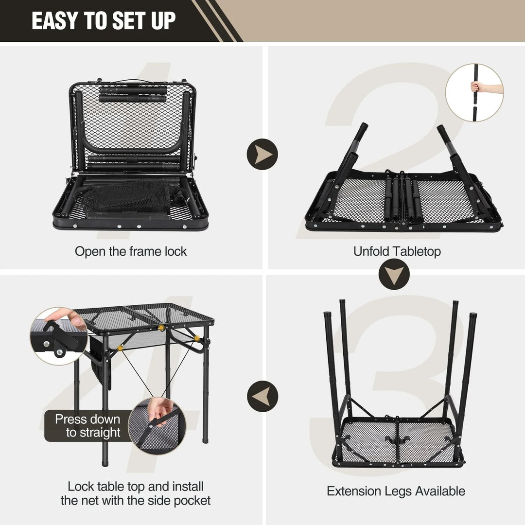 Table de barbecue pliante pour l'extérieur avec pieds réglables en hauteur 