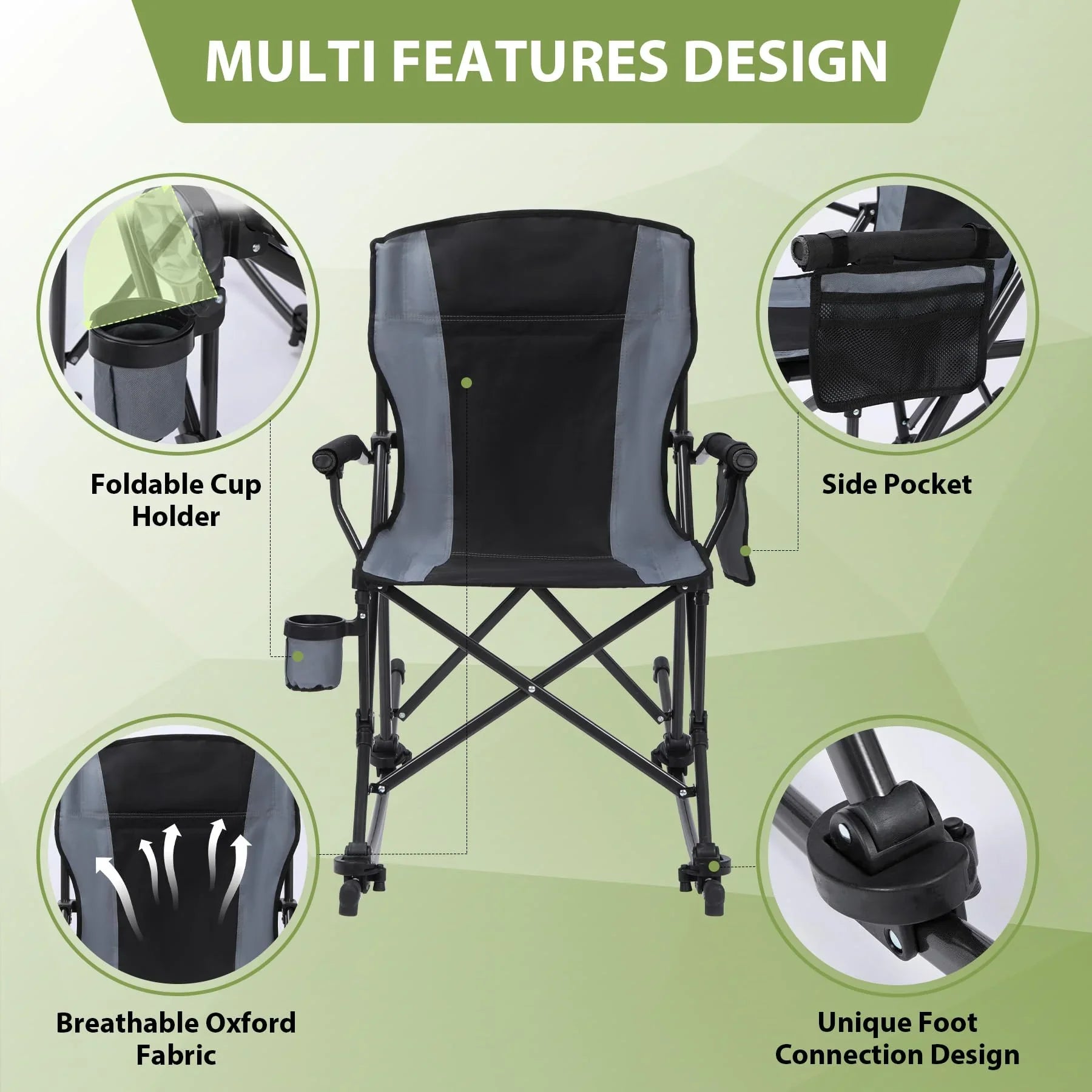 Rocking Camping Chair Portable Outdoor Rocker with High Back and Cup Holder