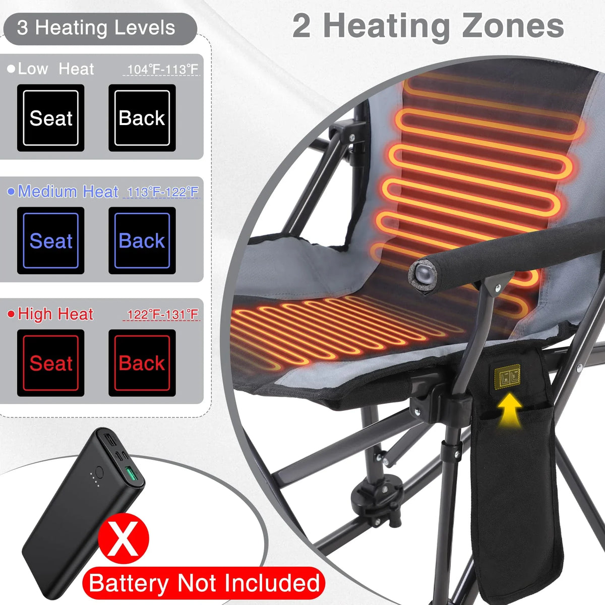 REDCAMP heated camping chair with seat and back heating zones and three heat levels