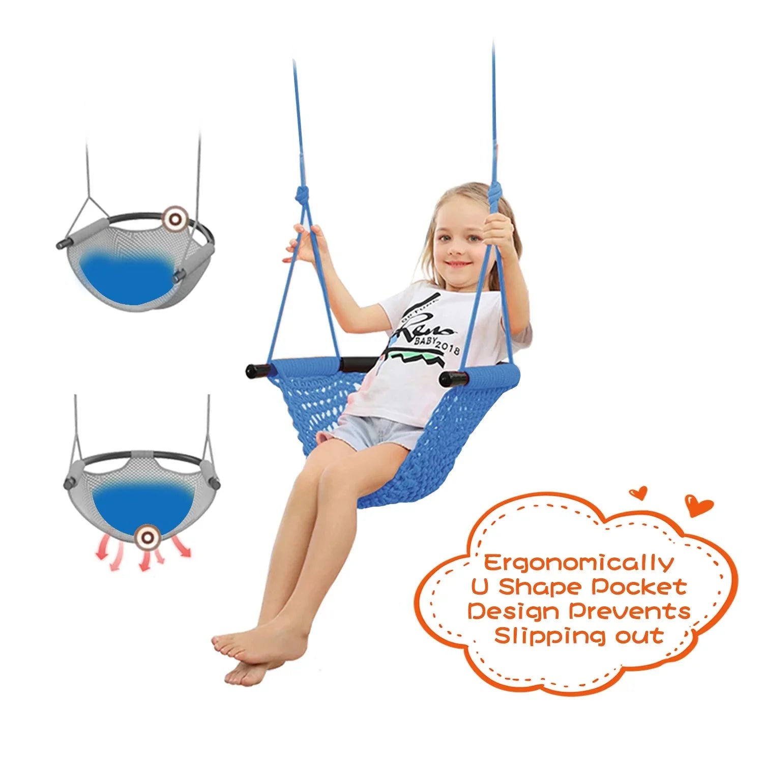 Toddler Swing, Swing Seat for Kids with Heavy Duty Adjustable Ropes, Hand-Knitting Secure Children Swing Set for Indoor Porch, Outdoor Playground, Backyard, Tree