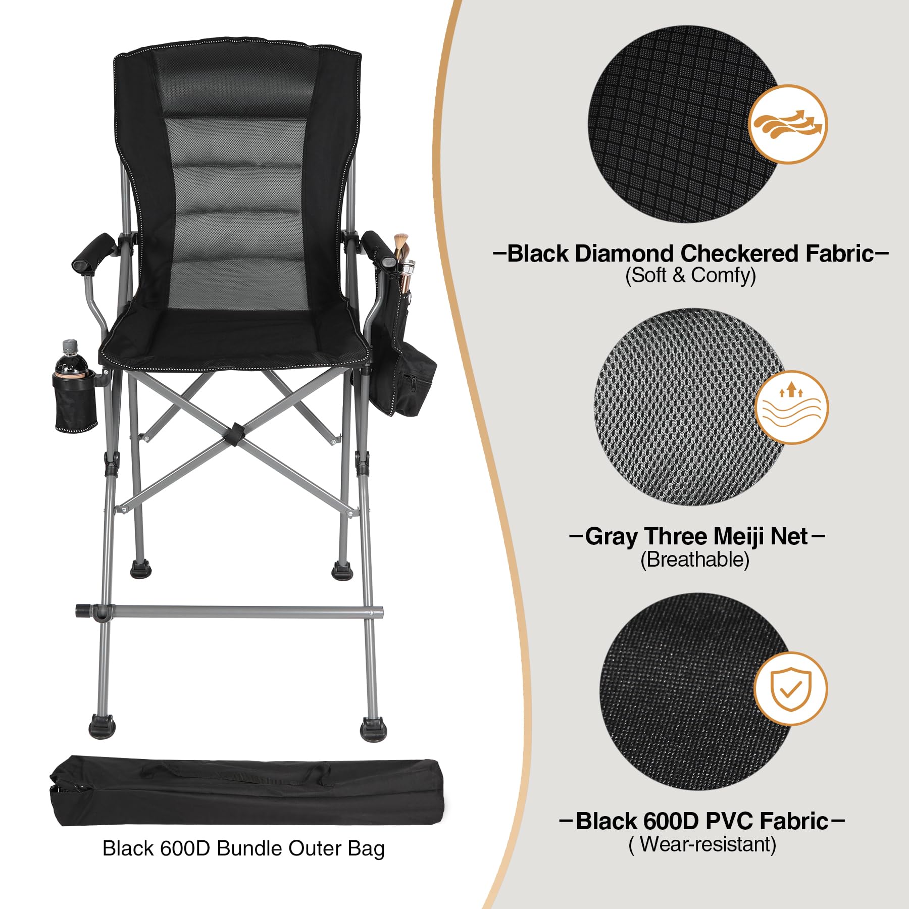 Extra Tall Folding Chair, Bar Height Foldable Director Chairs for Adults with High Back and Hard Arms, Support 330lbs