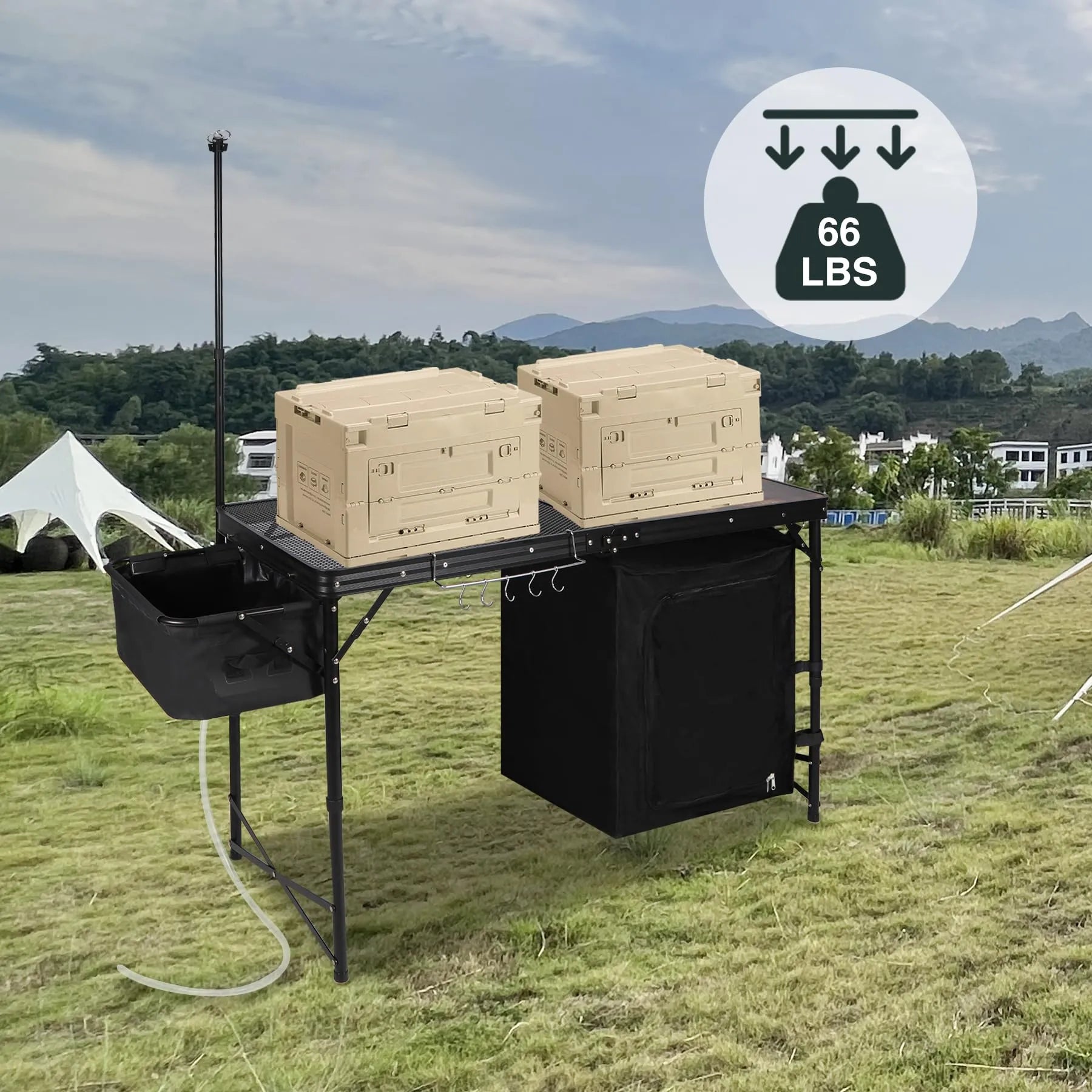 Table de cuisine de camping portable avec organiseur de rangement pour l'extérieur