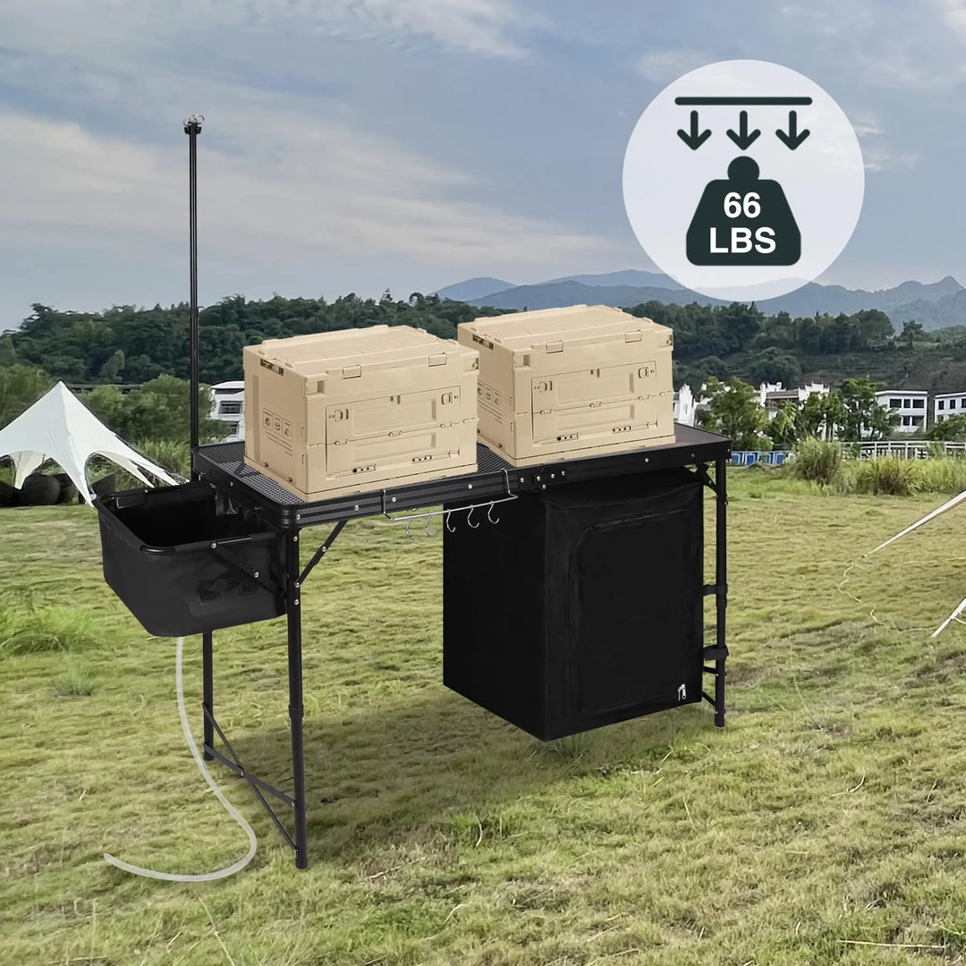 Table de cuisine de camping portable avec organiseur de rangement pour l'extérieur