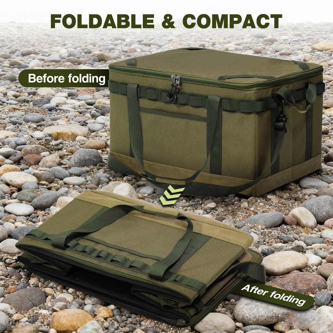 Tactical Camping Storage Bag, 57L Tactical Utility Camping Tote Organizer,Waterproof Camping Storage Organizer Duffel Bag with 2 Adjustable Dividers&Shoulder Strap for Outdoor Transport,Green