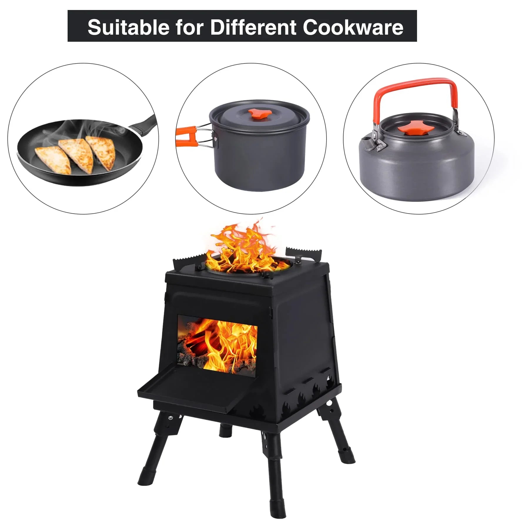 Black portable stove with fire inside, surrounded by images of cookware suitable for use with it.