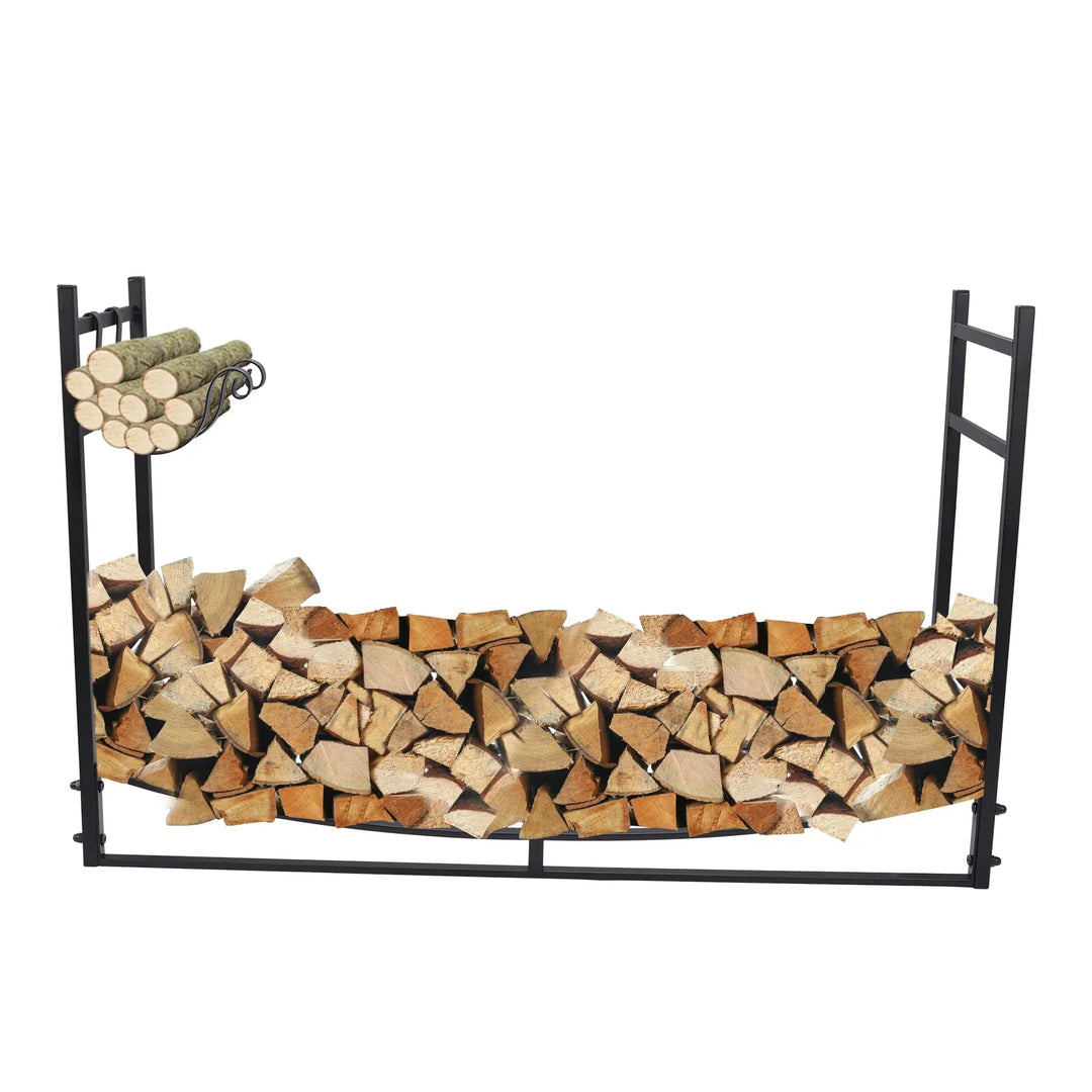 4FT Heavy Duty Firewood Rack Outdoor Indoor, Steel Log Holder Wood Storage Stand with Kindling Hooks for Fireplace Fire Pit Porch Backyard Black