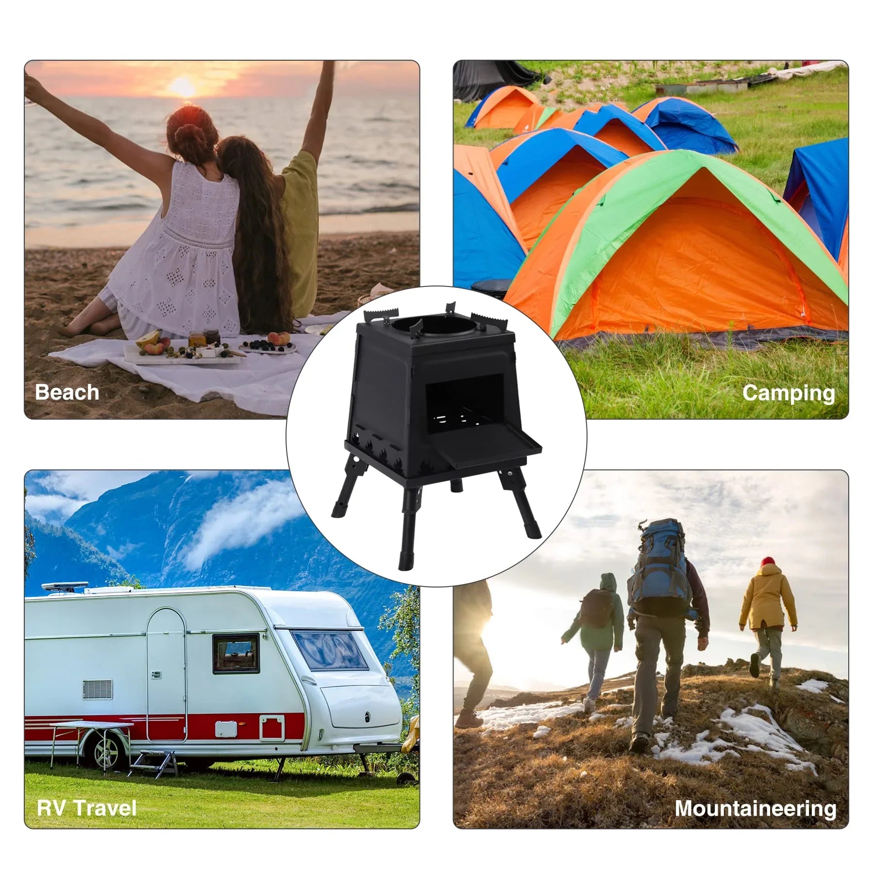 Collage of images showing a stove, people at the beach, camping scene, RV travel, and mountaineering.
