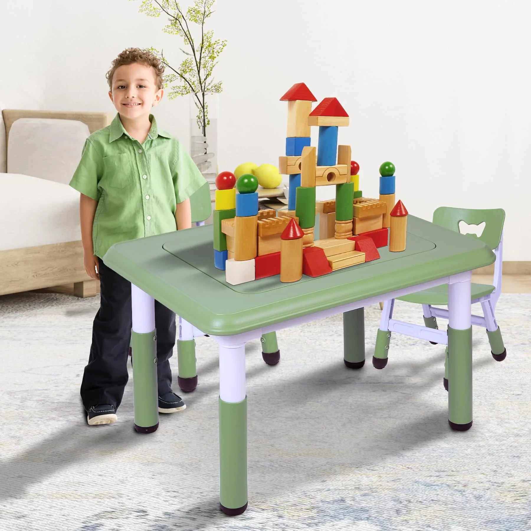 Kids Table and 2 Chairs Set, Height Adjustable 3 in 1 Multi Activity Table with 2 Chairs, Storage Bins,Graffiti,Double-Sided Tabletop,Sky Blue