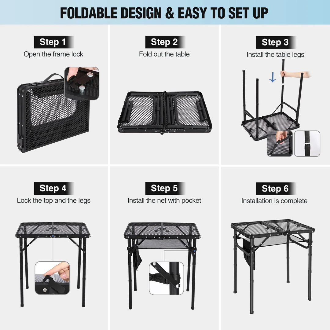 Folding Grill Table with Extra Space, Adjustable Height Portable Small Stand Table for Outdoor Indoor Camping Picnic BBQ, Black with Side Table