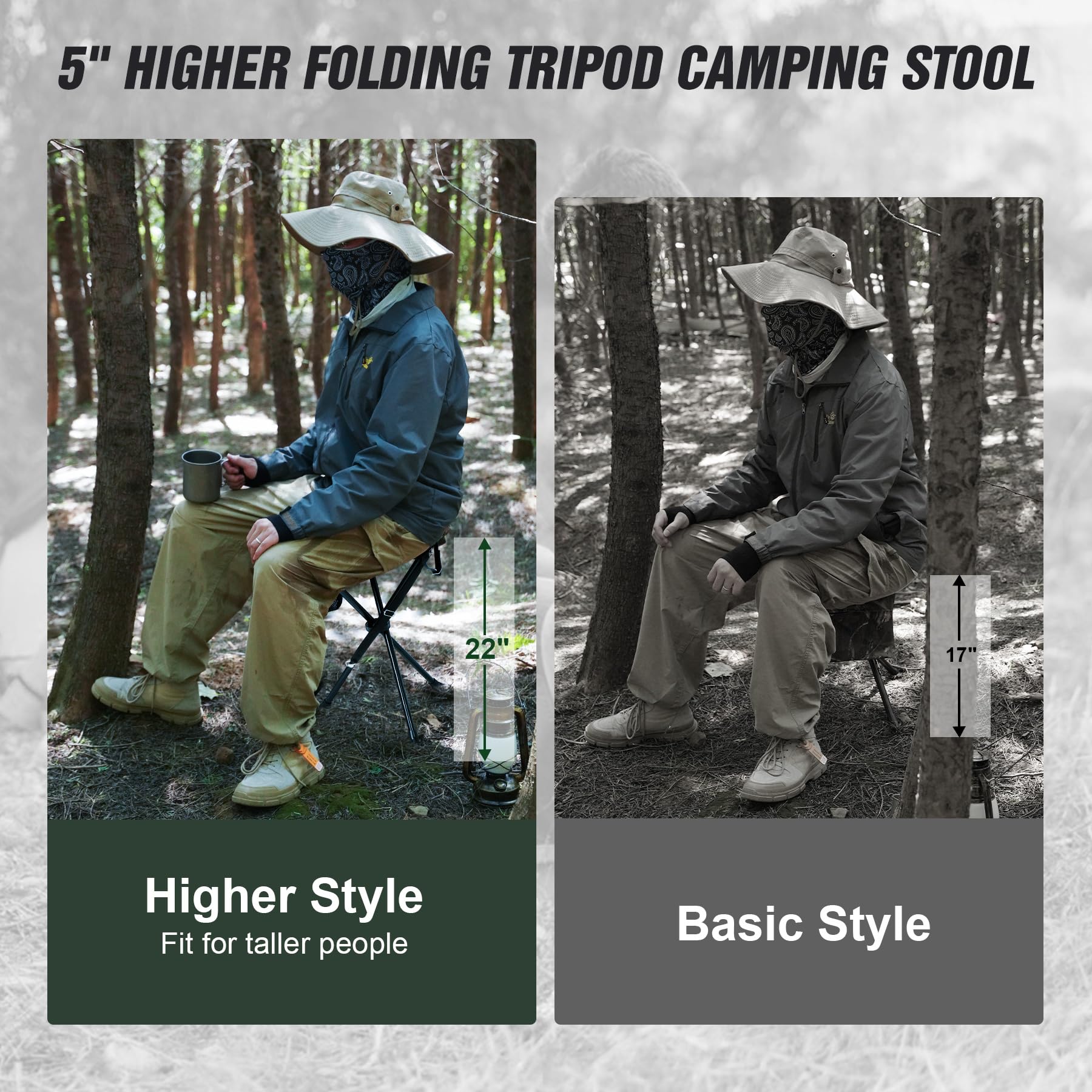 REDCAMP 2-Pack Extra Tall Folding Tripod Stools for Adults – Lightweight Portable Camping, Fishing, Backpacking, and Travel Chairs, Black