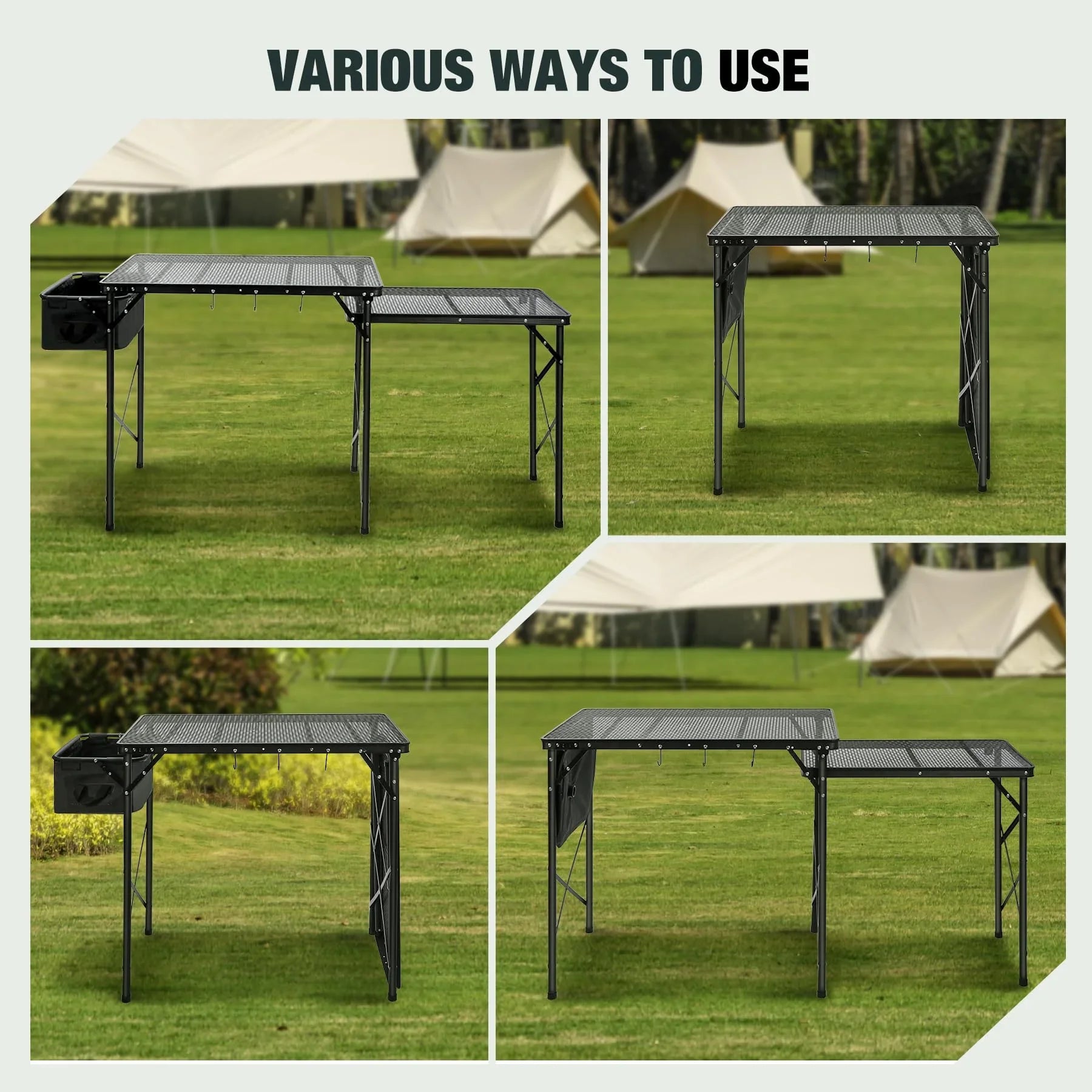 Table de cuisine de camping portable avec organiseur de rangement pour l'extérieur