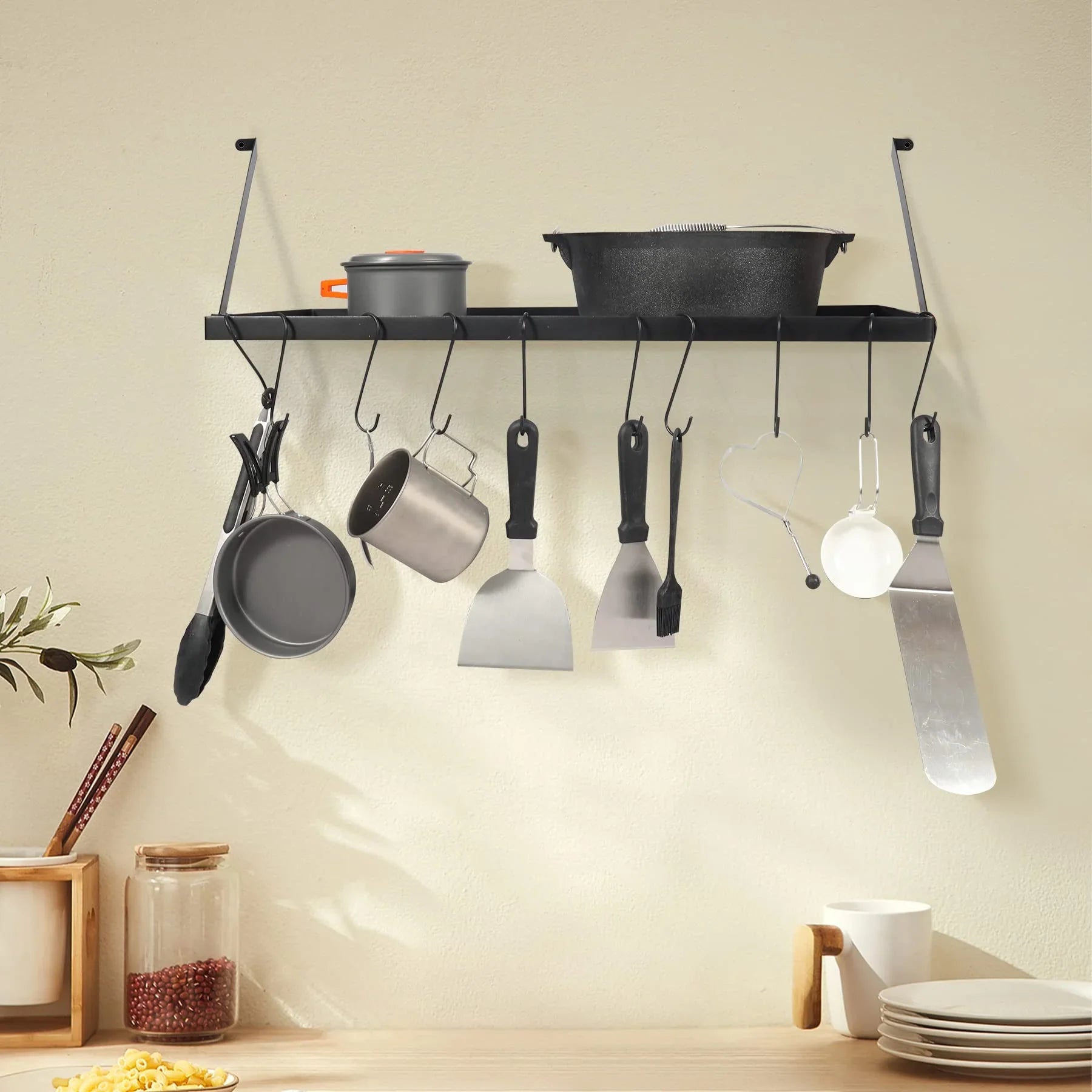29” Wall Mounted Pot Rack Storage Shelf with 10 Hooks,Kitchen Pots and Pans Hanging Rack Holder for Utensils Cookware Household,Black