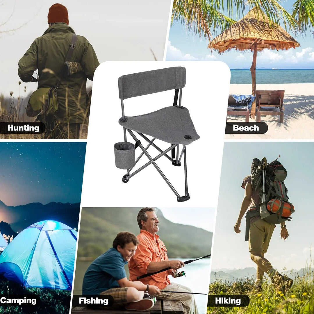 2 Pack Tripod Camping Chairs Folding Lightweight, Portbal 3 Legged Tripod Stool Seat with Cup Holders, Small Fishing Chairs Compact for Adults Golf, Hunting,Dark Grey