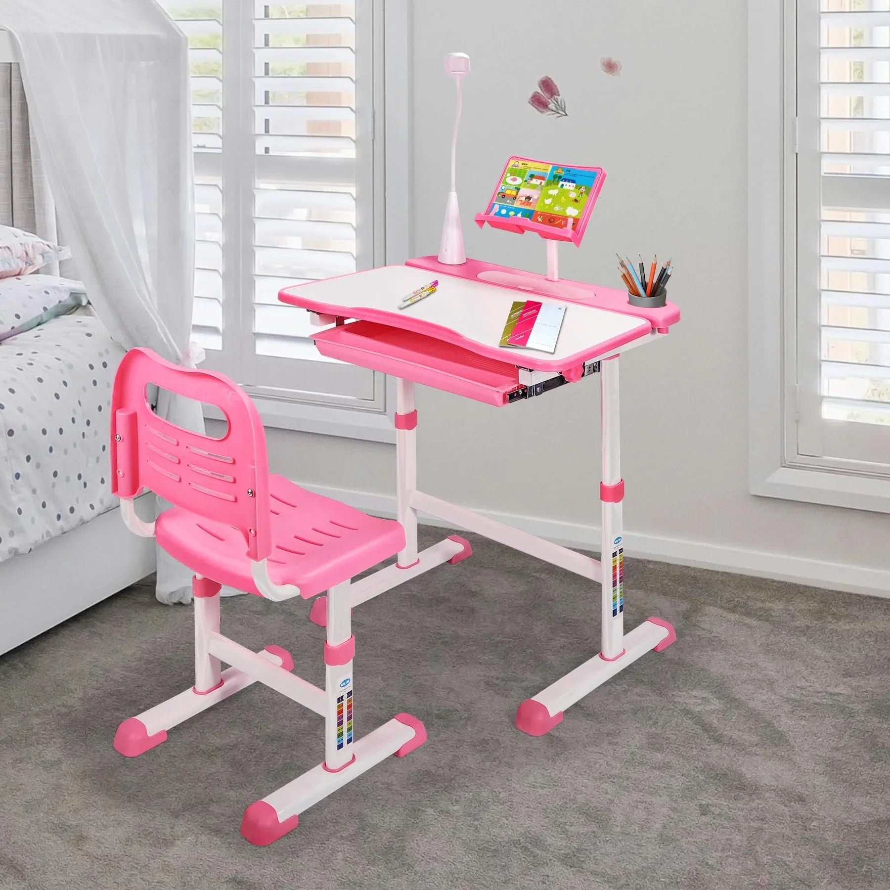 Ensemble bureau et chaise d'étudiant réglables REDCAMP avec plateau inclinable pour dessin