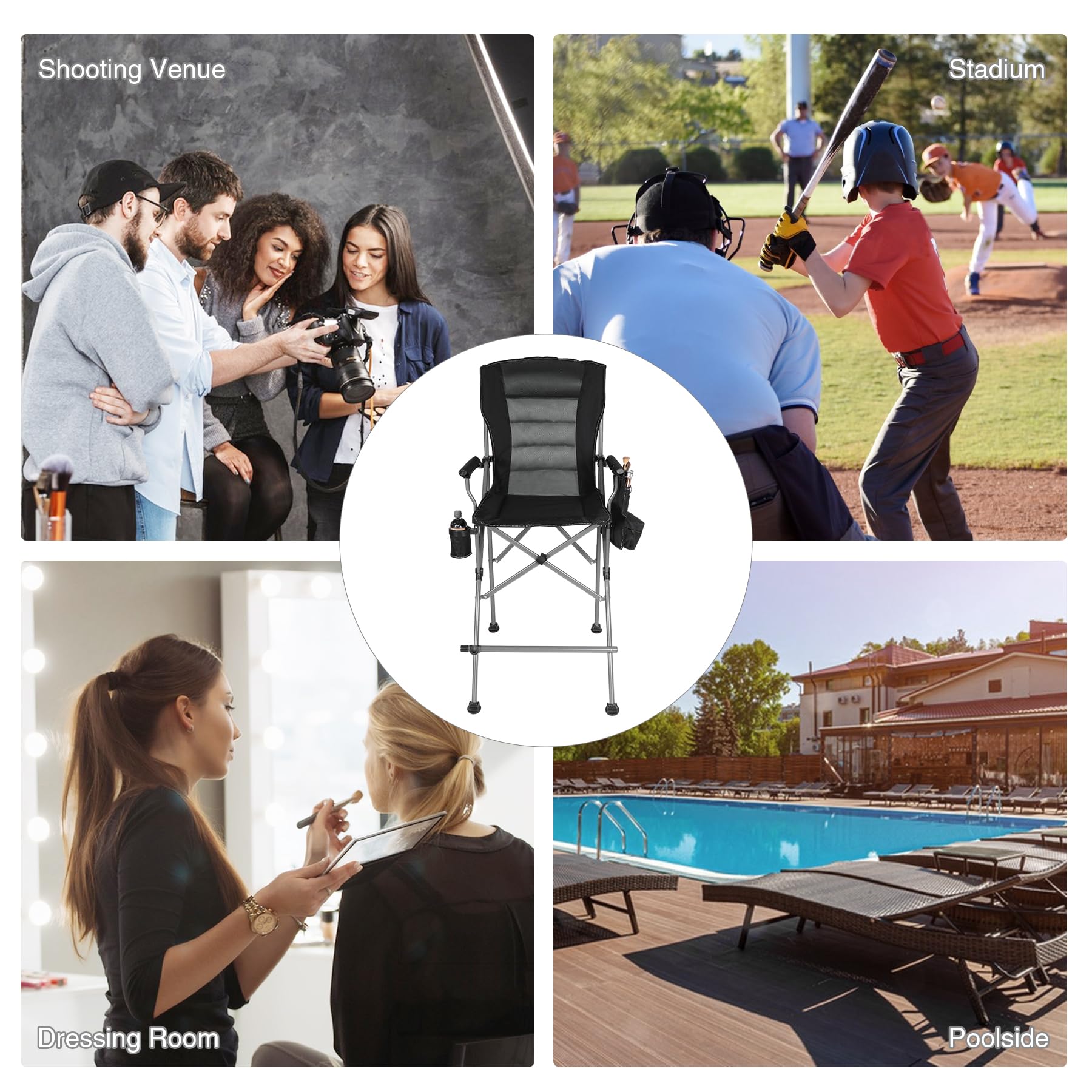 Extra Tall Folding Chair, Bar Height Foldable Director Chairs for Adults with High Back and Hard Arms, Support 330lbs