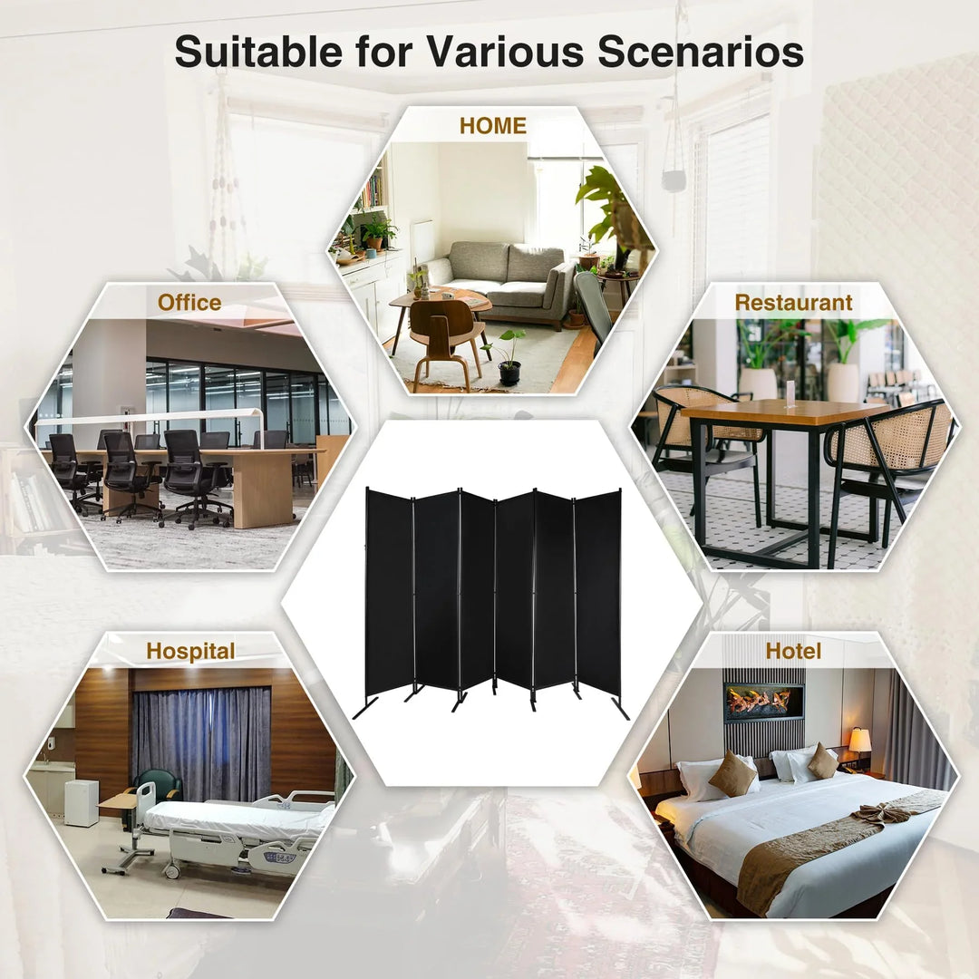Large 6 Panel Freestanding Folding Room Divider with Support Base, 10FT Wide 6FT Tall Privacy Screen Partition Room Dividers with Freely Combined Connector, 119"x71", Black
