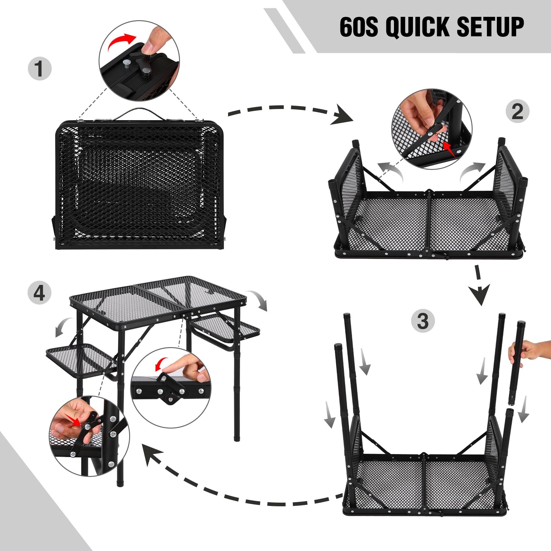 Folding Grill Table with Extra Space, Adjustable Height Portable Small Stand Table for Outdoor Indoor Camping Picnic BBQ, Black with Side Table