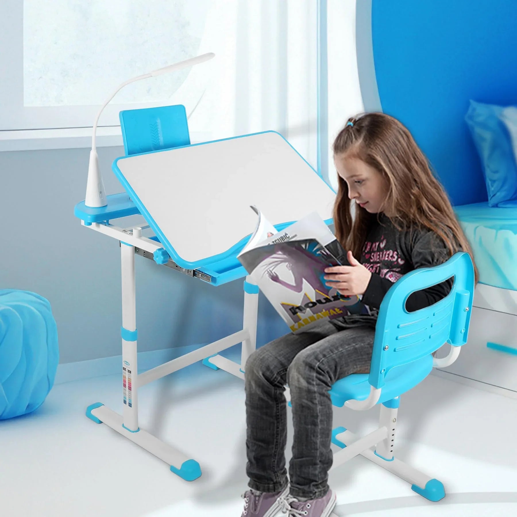 Ensemble bureau et chaise d'étudiant réglables REDCAMP avec plateau inclinable pour dessin