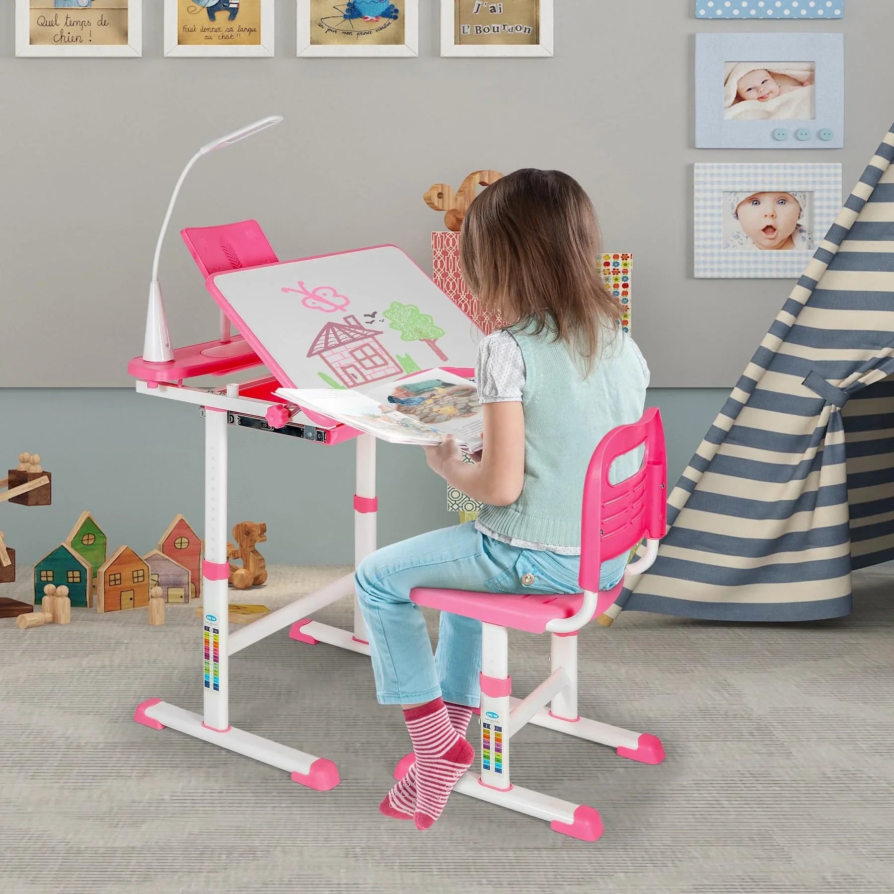 Ensemble bureau et chaise d'étudiant réglables REDCAMP avec plateau inclinable pour dessin