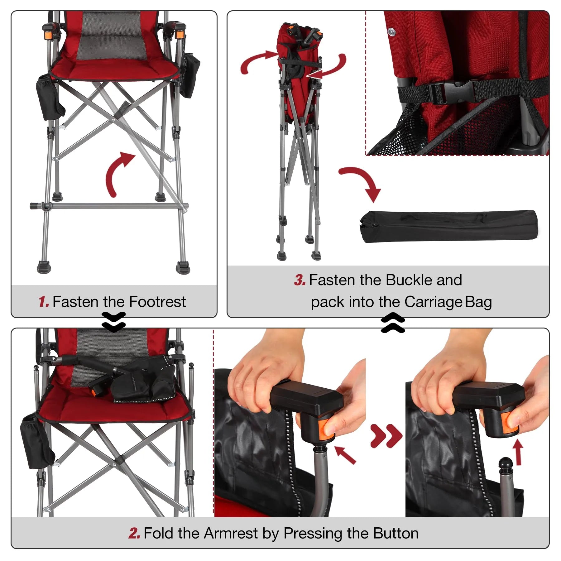 Chaise pliante extra haute, chaises de réalisateur pliables à hauteur de bar pour adultes avec dossier haut et accoudoirs rigides, supportant 330 lb