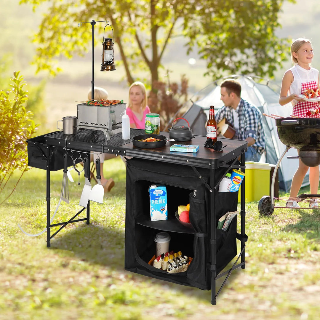 Table de cuisine de camping portable avec organiseur de rangement pour l'extérieur