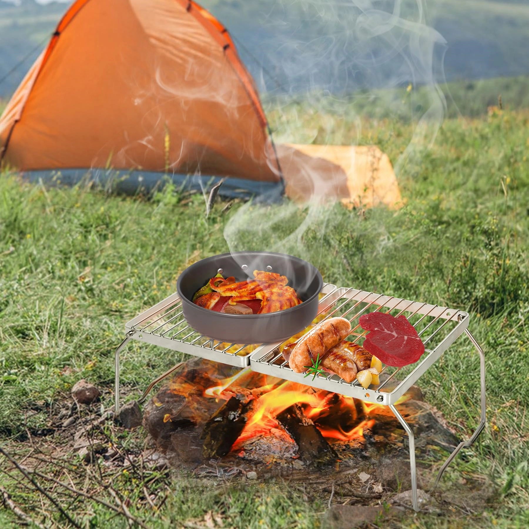 Barbecue de camp pliable et portable en acier inoxydable 304 avec sac de transport