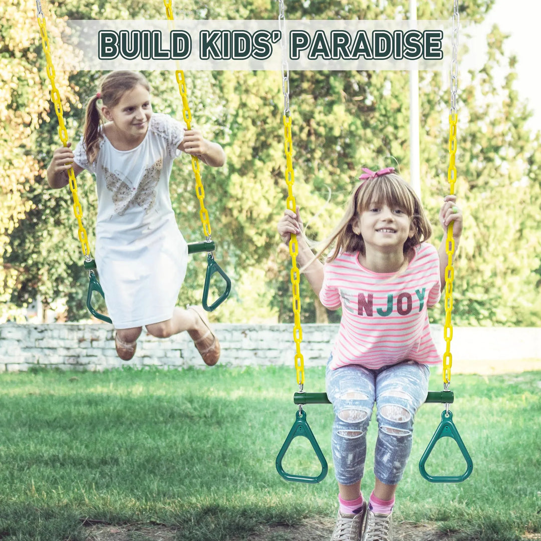 Trapeze Bar for Swing Set Playground, Heavy Duty 18" Trapeze Swing Bar with Rings and Adjustable Chains 47" Long,Yellow and Green