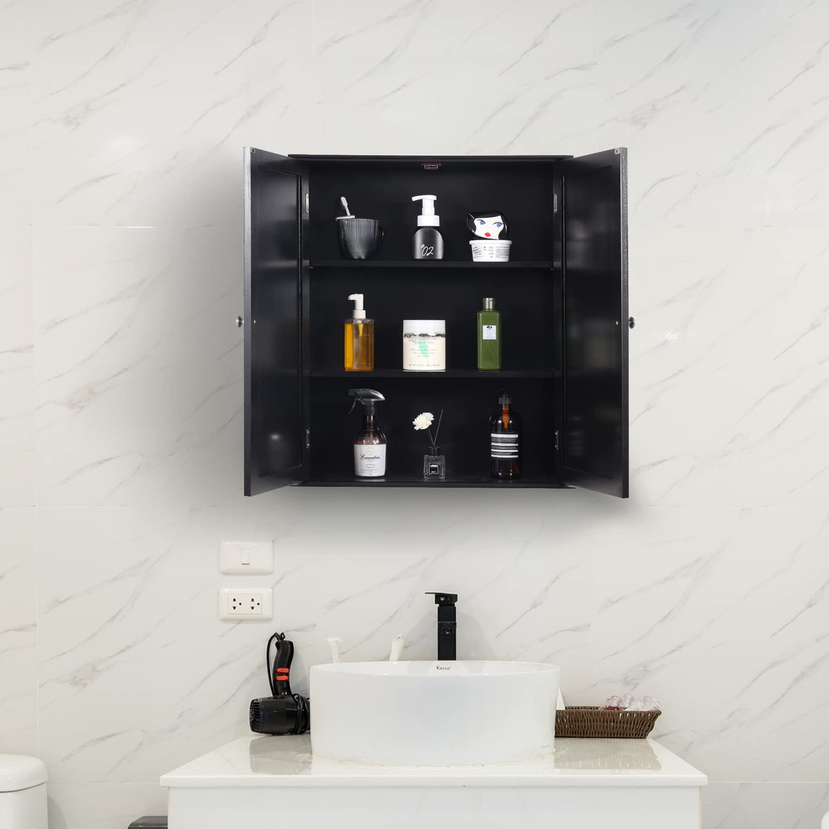 Black REDCAMP bathroom wall cabinet mounted above a vanity with toiletries arranged inside