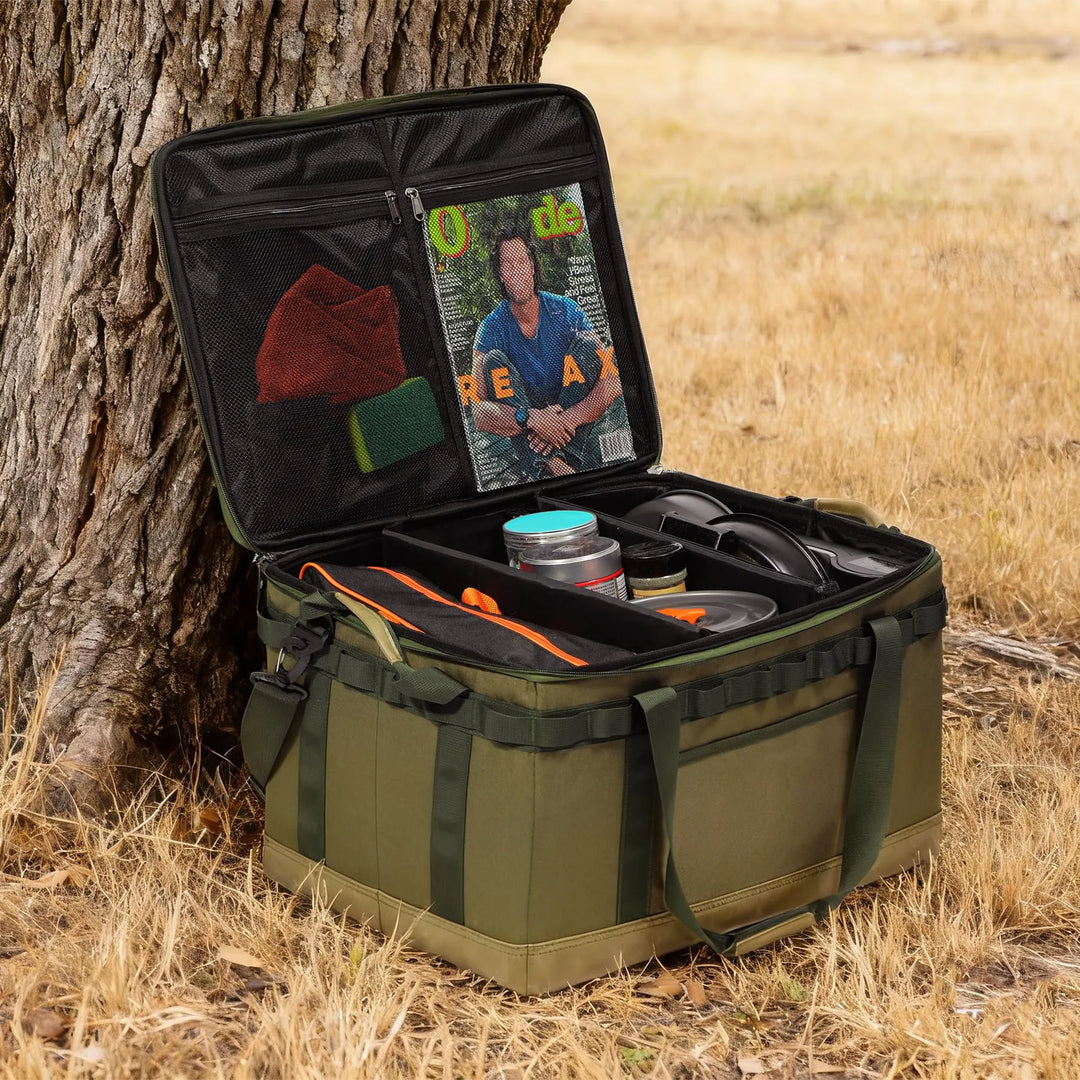 Tactical Camping Storage Bag, 57L Tactical Utility Camping Tote Organizer,Waterproof Camping Storage Organizer Duffel Bag with 2 Adjustable Dividers&Shoulder Strap for Outdoor Transport,Green