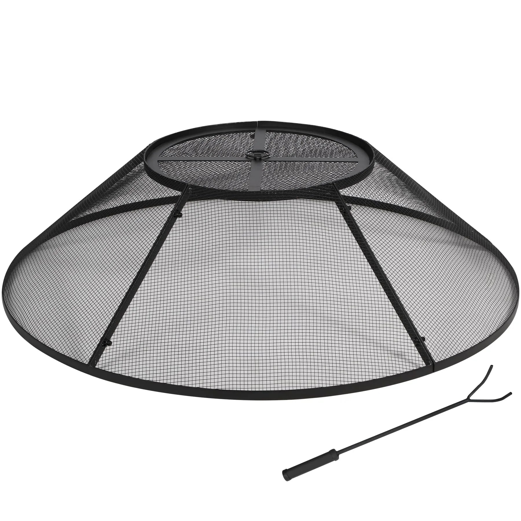 Black mesh fire pit screen with handle on a white background