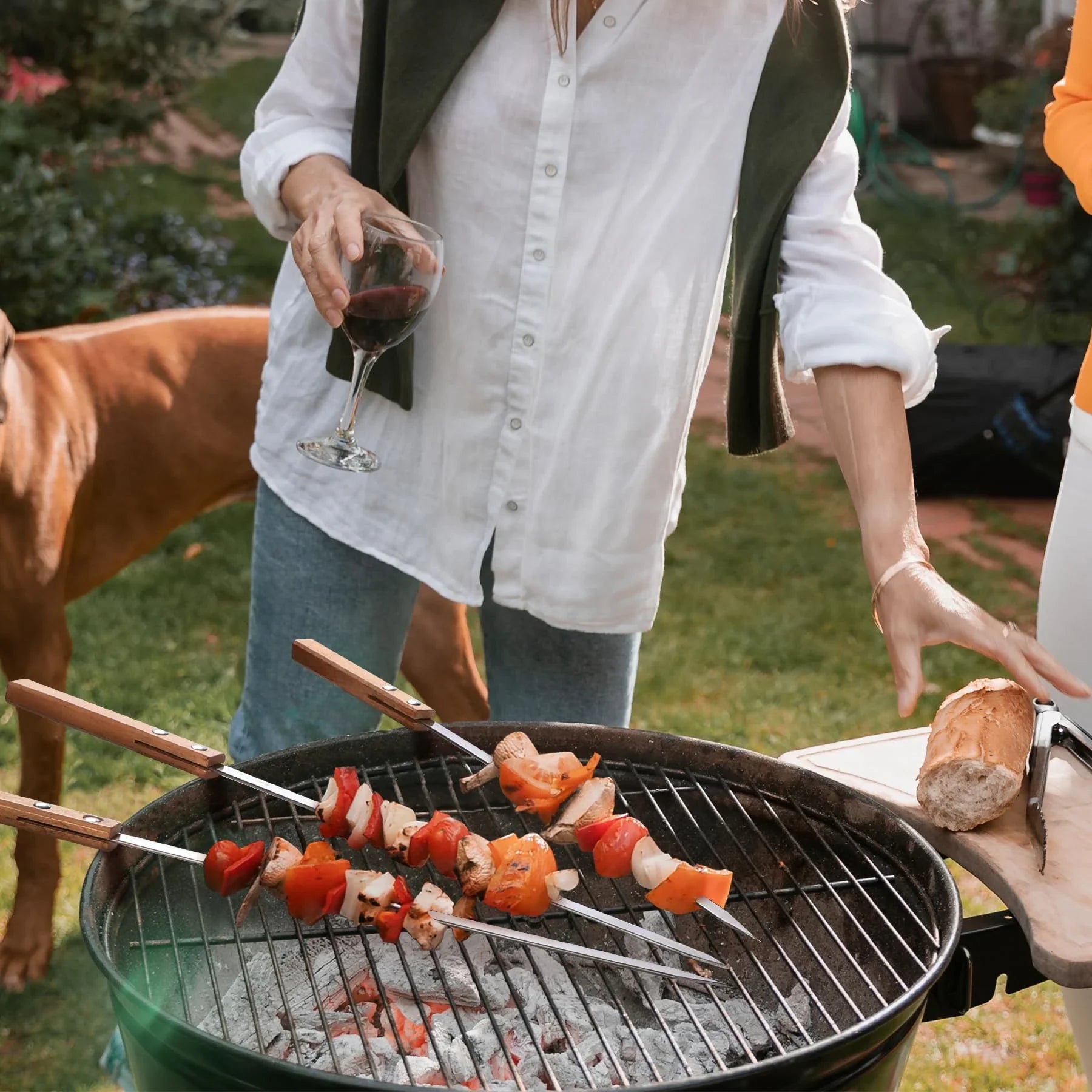 17" Premium Flat Stainless Steel BBQ Skewers with Wooden Handles