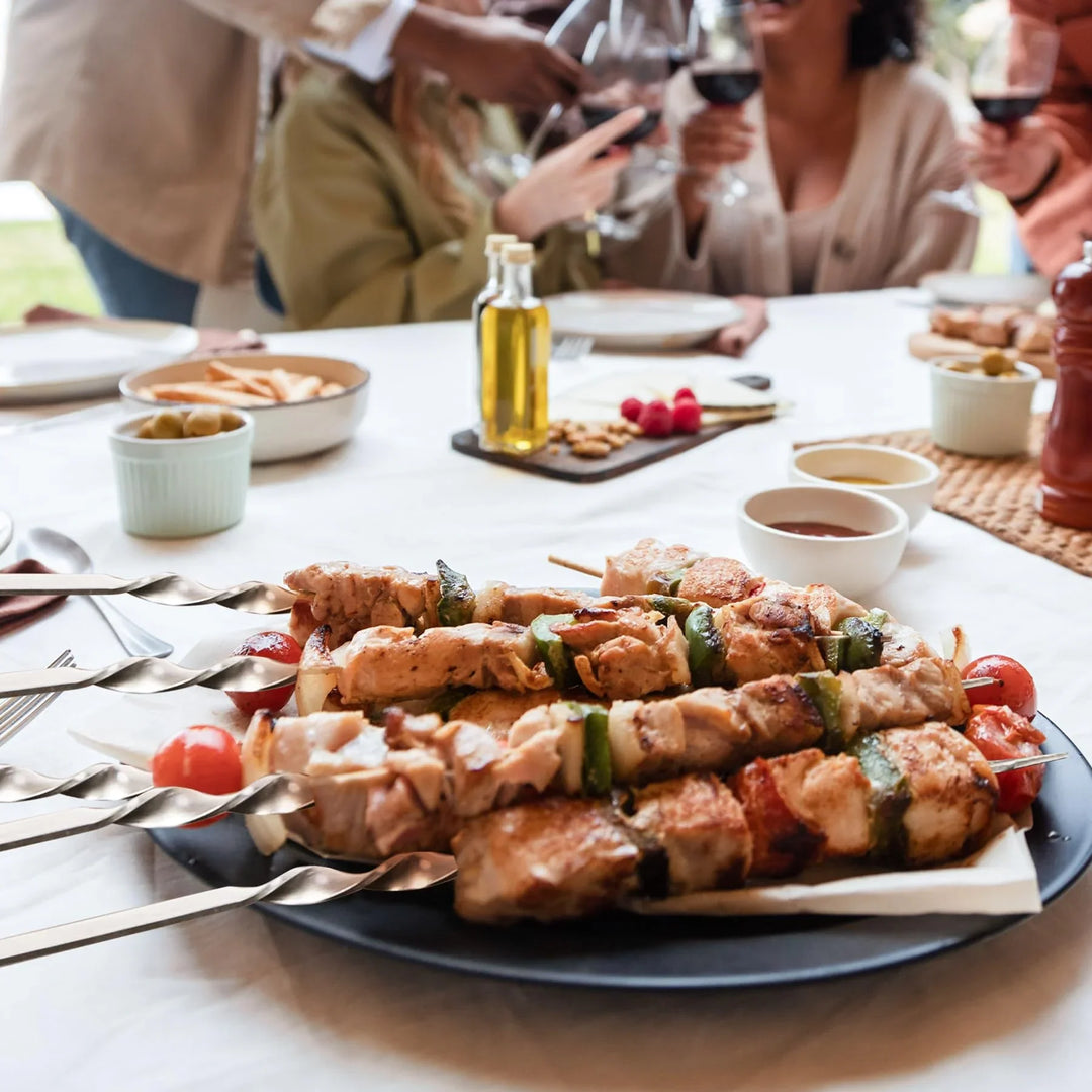 14" Flat Stainless Steel Kabob Skewers with Storage Tube