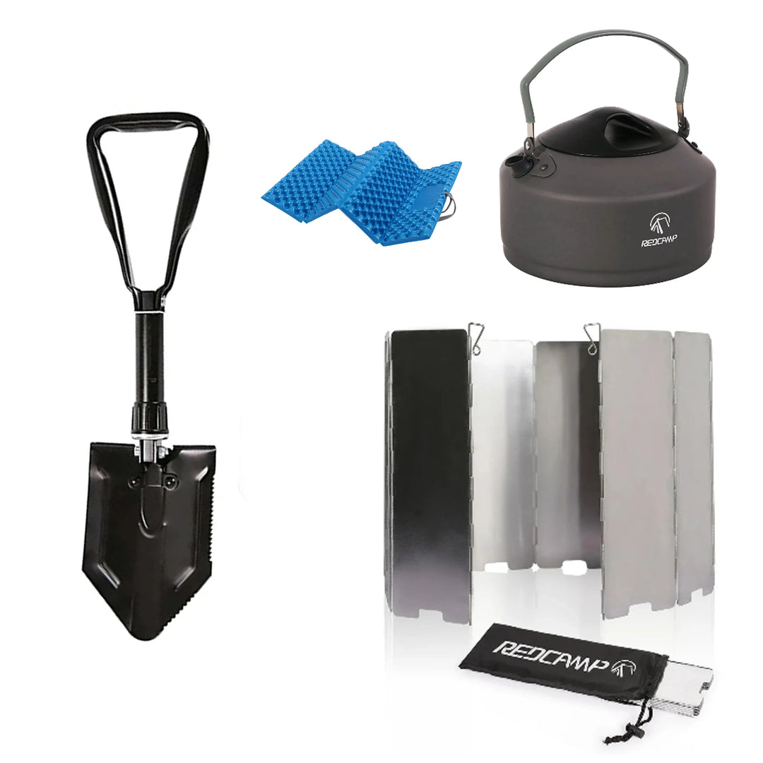 4-Piece Camping Essentials Set with Kettle, Shovel, Windscreen & Seat Pad