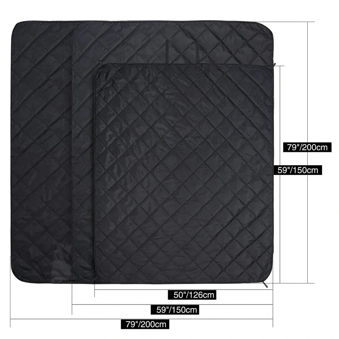 Size chart for REDCAMP waterproof stadium blanket showing 50 × 59, 59 × 71, 59 × 79, and 79 × 79 inch options